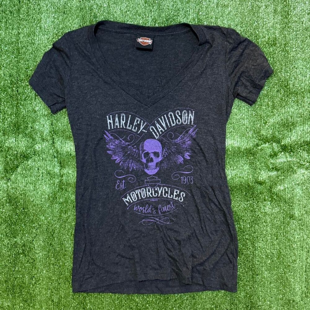 Harley-davidson Women's Grey and Black T-shirt